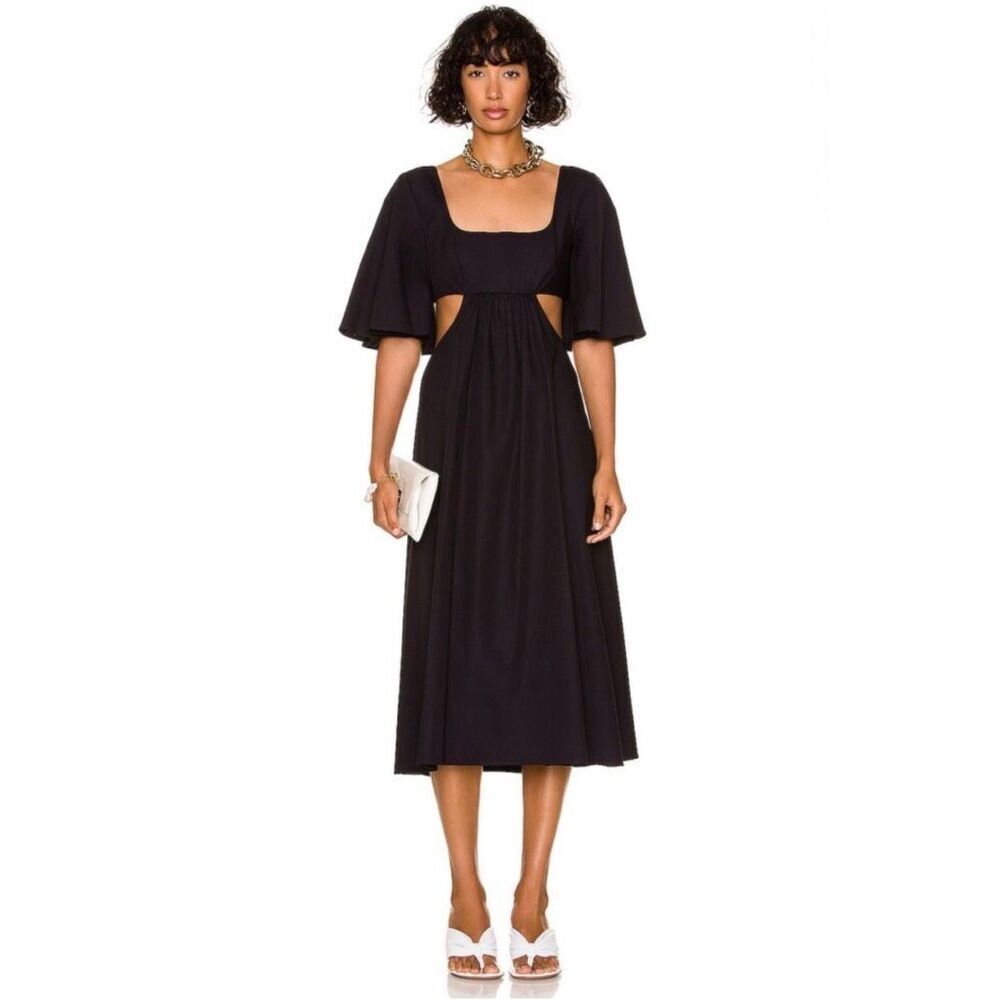 Matthew Bruch Black Cotton Poplin Cutout Midi Dress 2 Small Flutter Sleeve NWT